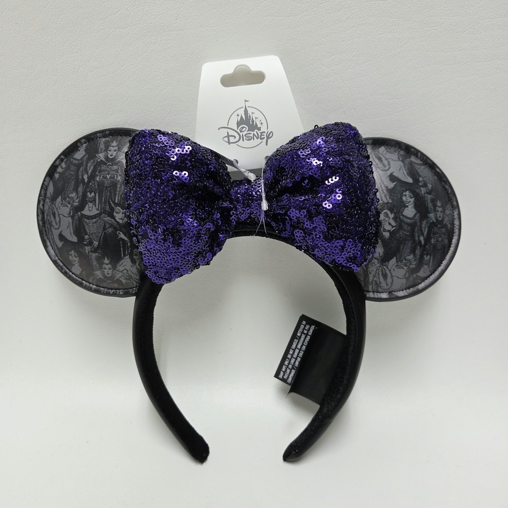 Disney Villains Minnie Mouse Purple Sequined Bow Ears Headband Evil Queen FLAW